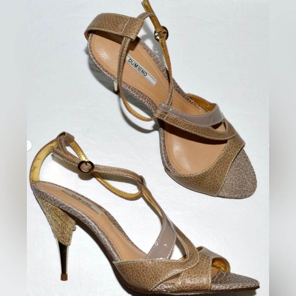 DUMOND NEW SZ 8 M BROWN TAUPE GENUINE LEATHER SANDALS STILETTO HEELS STRAPPY